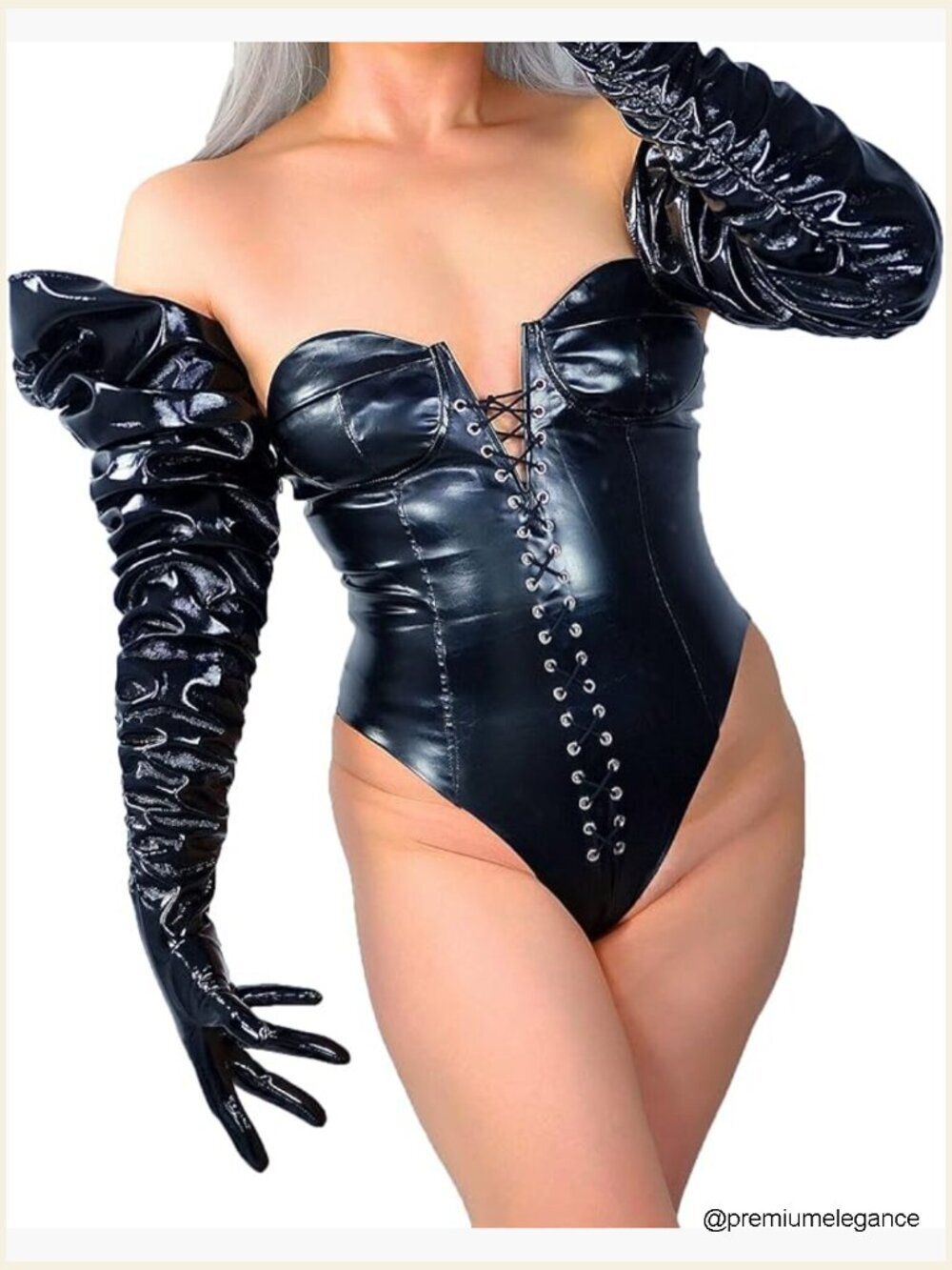 90cm Faux Leather Gloves Extra Long Pleated Wide Sleeve Unisex Costume